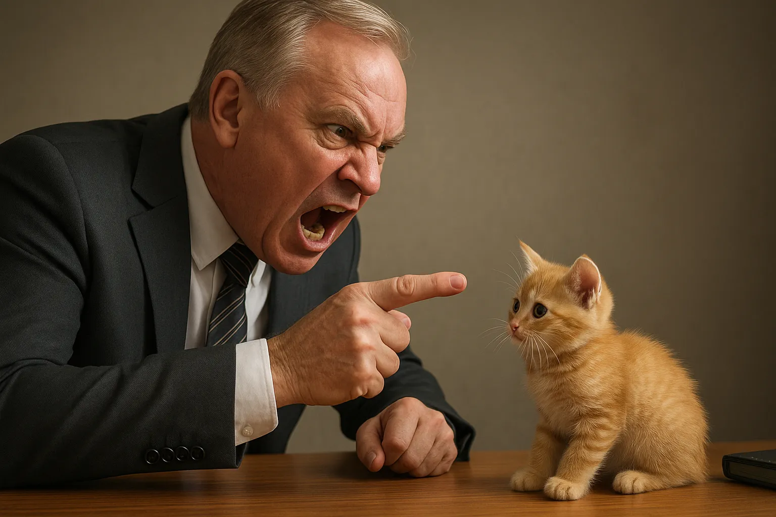 Angry salesman threatening a kitten