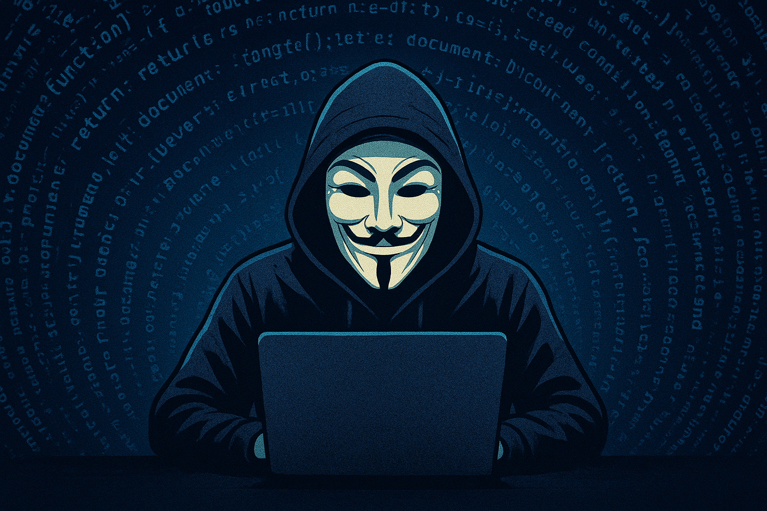 Cyber criminal typing on a laptop